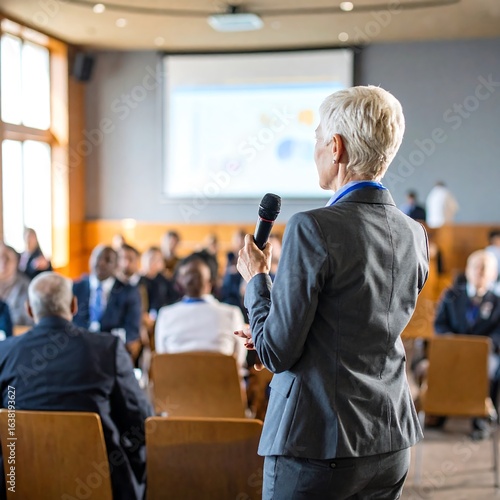 Distinguished speaker addressing an audience at a professional conference setting stage presence