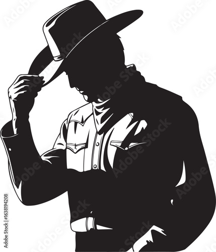 Black Silhouette of a Cowboy Tipping His Wide-Brim Hat, Isolated on White Background
