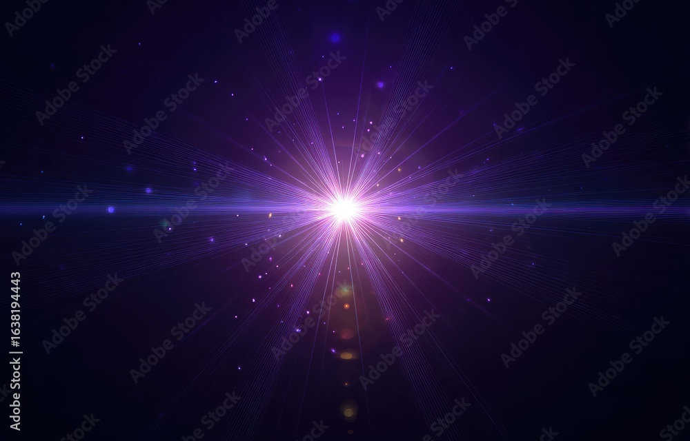 Fototapeta premium A vibrant purple starburst explodes from a central point, radiating light and energy against a deep dark background, interspersed with small sparkling particles