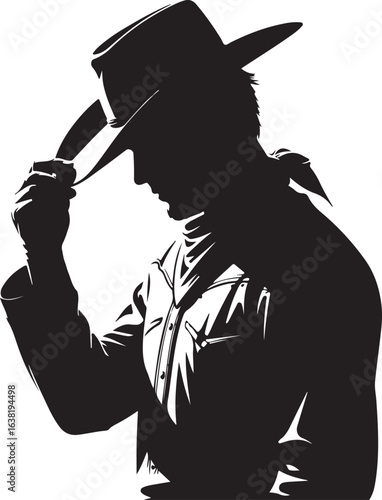 Black Silhouette of a Cowboy Tipping His Wide-Brim Hat, Isolated on White Background