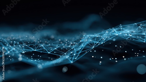 Blue polygonal network on dark background with white bokeh spots. Ideal for illustrating data, connection, technology, or futuristic concepts.