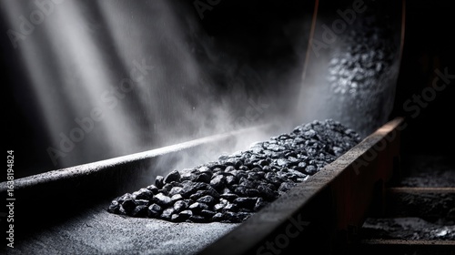 Conveyor belt pours coal in motion, creating dusty black cloud above growing coal heap