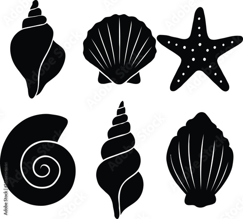 A collection of isolated sea life silhouettes. Graphic set of various black seashells, starfish, and mollusk icons for summer and nautical design.