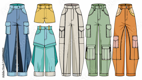 Very beautiful Set of Pants and shorts technical fashion illustration with low normal waist, high rise, mini midi maxi length, pockets. Flat trousers apparel template front, back, grey color. Women, m