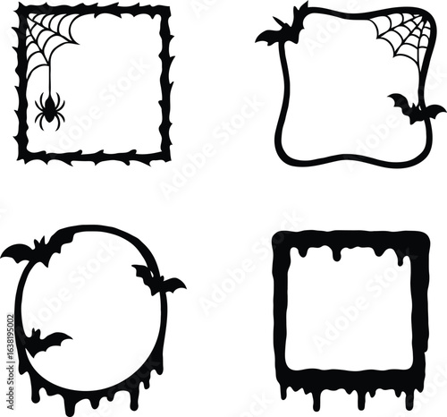Spooky Halloween border collection. Set of four black silhouette frames with bats, spiders, webs, and dripping details for scary party designs.