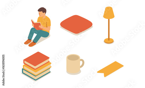 Cozy reading nook essentials in isometric style featuring books and cushions