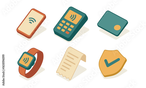 Isometric contactless payment icons featuring smartphone, card, smartwatch, receipt, shield, terminal