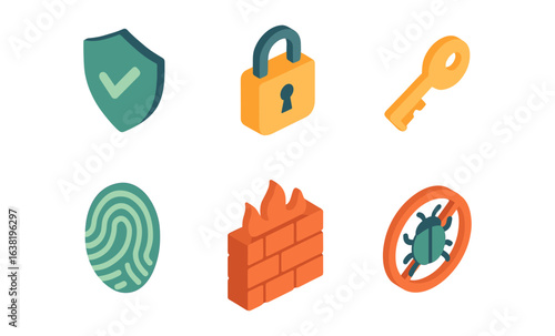 Isometric cybersecurity icons: shield, lock, key, fingerprint, firewall, bug