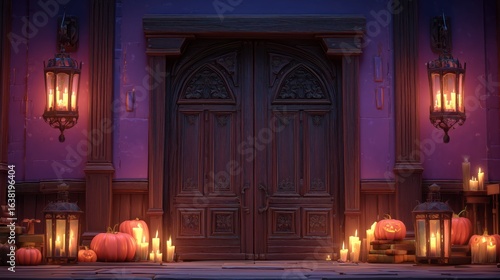Haunted House Entrance with Gothic Double Doors, Jack-O'-Lanterns, and Candlelit Lanterns for Halloween Decor