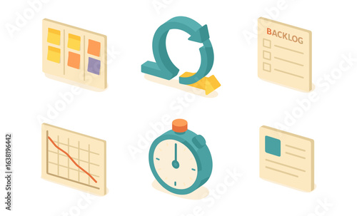Agile scrum icons: isometric symbols for project management and workflow efficiency