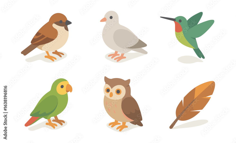 Fototapeta premium Collection of cute birds and feather in flat design