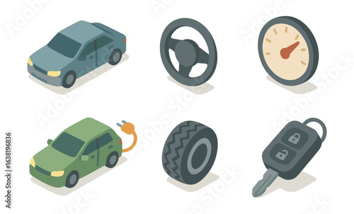 Isometric car elements: vehicle, steering, speedometer, electric, tire, key
