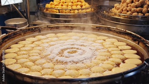 Fried treats being prepared in a bustling street food market in the early evening