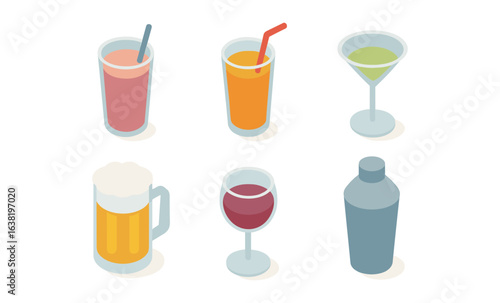 Isometric drink collection: juices, cocktails, beer, and wine glasses