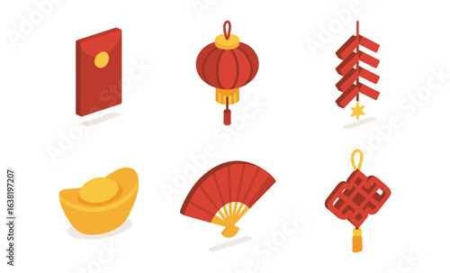 Chinese new year icons: lanterns, red envelopes, and gold ingot in isometric design