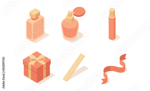 Isometric beauty and gift set with perfume bottles and ribbon on white background
