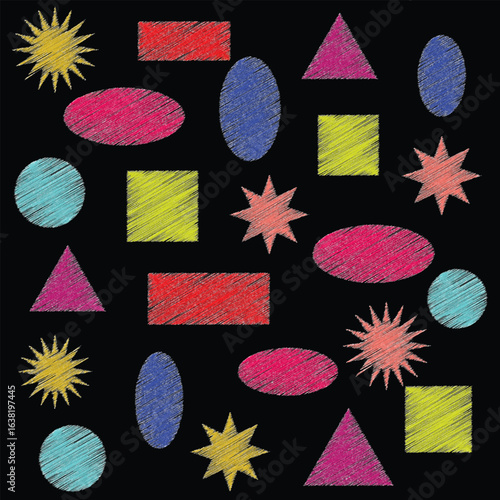 Set of simple colorful geometric shapes with crayon brush, triangle, rectangle, star, circle, square, Vector illustration