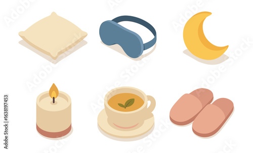 Essential sleep icons: pillow, mask, moon, candle, tea, slippers in isometric style