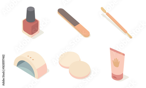 Isometric manicure set with nail polish, file, buffers, and hand cream on white background