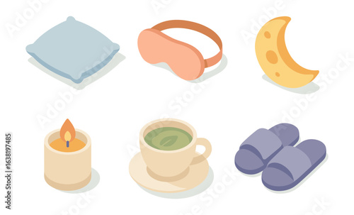 Cozy bedtime essentials: pillow, sleep mask, moon, candle, tea, slippers in soft pastel colors