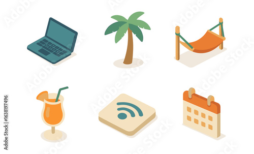 Isometric icons for remote work and relaxation: laptop, palm, hammock, drink, wi-fi, calendar