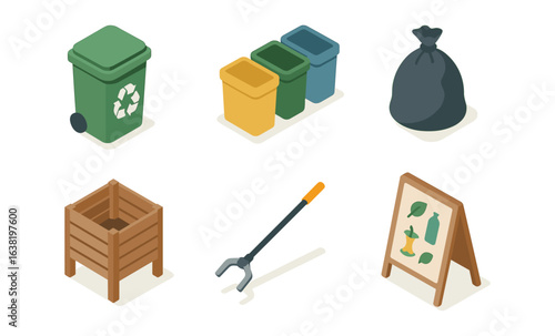 Isometric recycling bins and waste management tools set