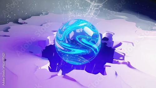 Colorful abstract sphere floating above a purple surface with glowing effects in a futuristic environment