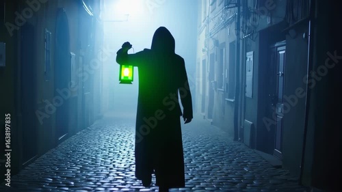 A Hooded Figure with a Glowing Green Lantern Navigates a Dark, Foggy Cobblestone Alley at Night.
