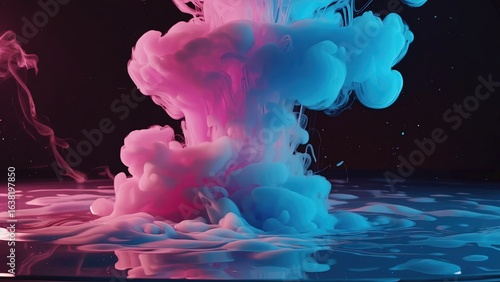 Colorful ink swirling in water creates dynamic patterns in a dark setting