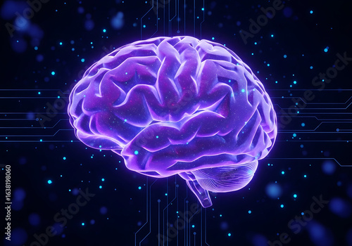 Glowing Purple Human Brain with Digital Circuitry and Particles