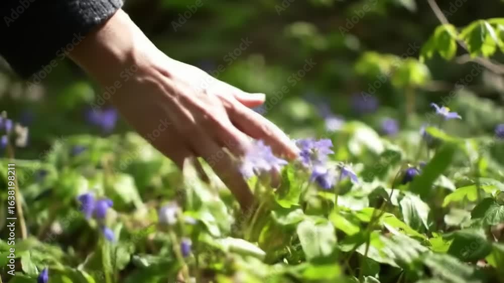 A close-up of a hand gently touching vibrant purple violets in a lush green forest setting A close-up of a hand gently touching vibrant purple violets in a lush green forest setting