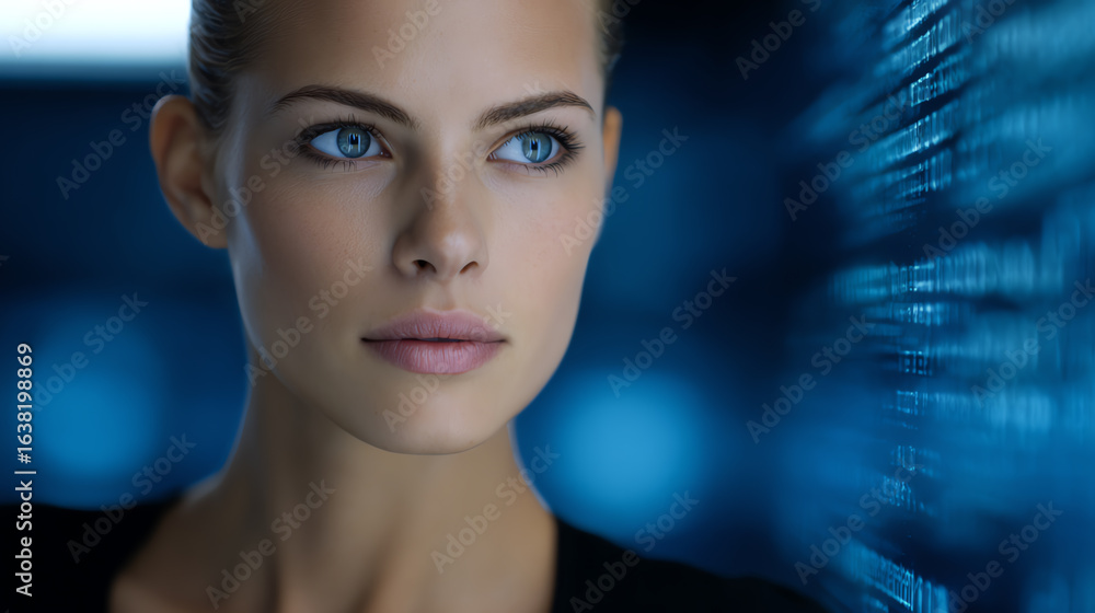A focused young woman gazes thoughtfully while surrounded by digital data, capturing the essence of innovation and modern technology. A focused young woman gazes thoughtfully while surrounded by digital data, capturing the essence of innovation and modern technology.