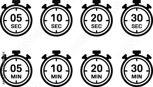 Set of Eight Stopwatch Icons with Time Intervals timer clock