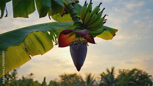Banana blossom hanging from tree in tropical setting during sunset in a rural area