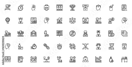 Workaholic icon set. Minimalist vector illustrations. Includes insomnia, burnout, stress, overtime, ambition, productivity, salary, and more. Editable line icons.