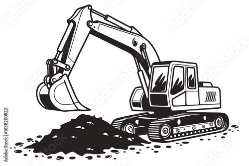 Black and white illustration of an excavator digging a pile of dirt