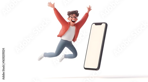 3D render depicts a joyful cartoon character leaping with arms raised against a white background, holding a smartphone.