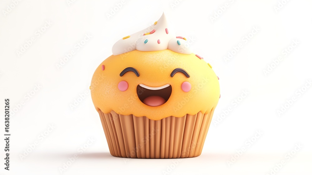 3D render of a smiling cupcake with sprinkles and whipped cream, displayed on a white background. 3D render of a smiling cupcake with sprinkles and whipped cream, displayed on a white background.