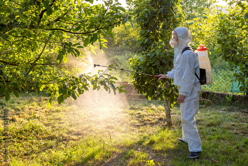 A gardener in a protective suit, mask and glasses uses a professional sprayer to treat the garden with insecticides and fungicides from pests