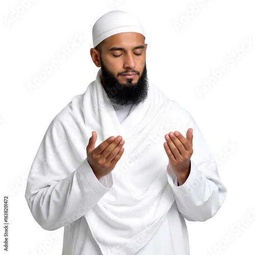 Muslim Man in Ihram Praying During Hajj Isolated on White Background