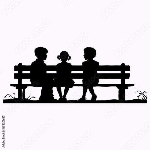 Three Children Sitting Silhouette Black Isolated Vintage Style Retro Graphic Illustration Art