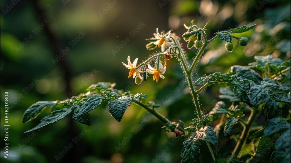 Fototapeta premium Close-up of tomato plant flowers before fruiting stage in soft, golden evening light