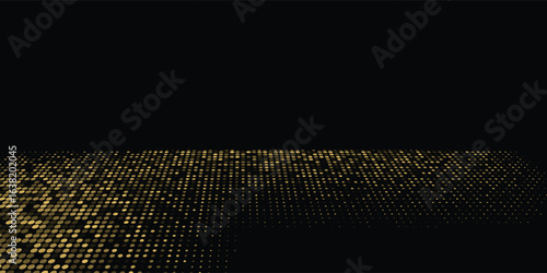 Abstract luxury banner with golden glittering dots on black background. Sparkling glitter bottom border, vector frame. Halftone effect. Magical gold dust. Pop art style backdrop.