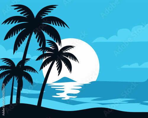 Tropical island beach with palm trees sunset paradise vector illustration
