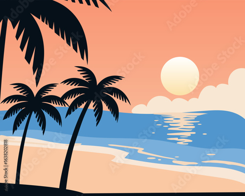 Tropical palm tree silhouette on beach at sunset with ocean and island background