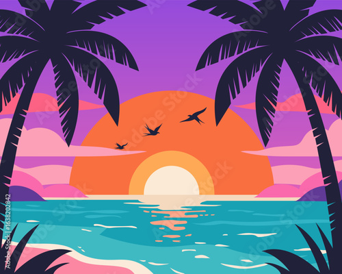 Tropical beach with palm trees and sun vector illustration of island paradise vacation landscape