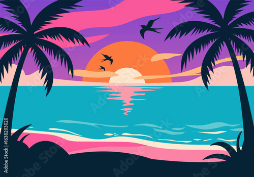 Tropical beach with palm trees sunset vector illustration