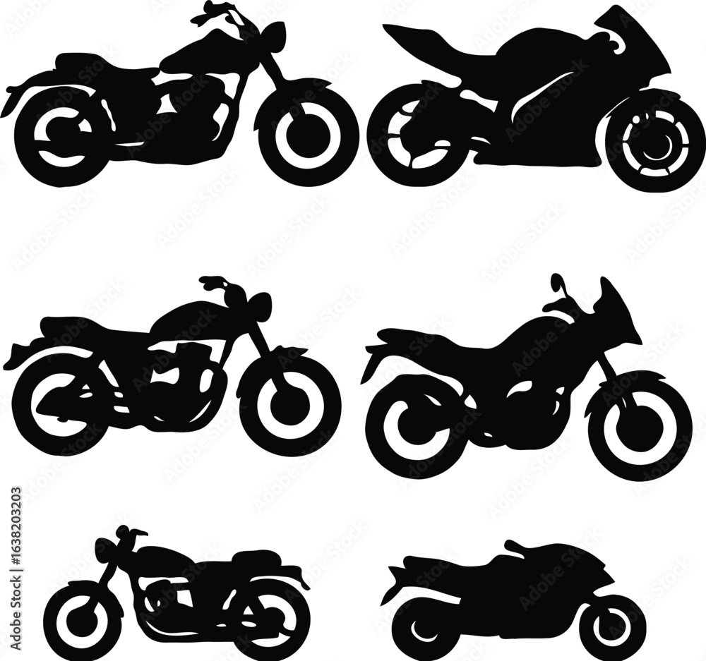 Obraz premium A collection of various motorcycle silhouettes representing speed and freedom. Classic and modern bike designs for transport and lifestyle concepts.