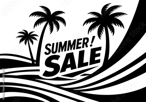 Tropical beach with palm tree silhouette and sunset vector illustration