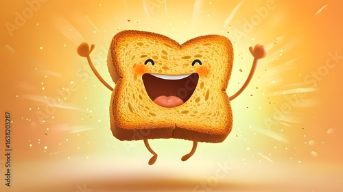 Digital illustration of a smiling, cartoon toast character jumping in a burst of light and sparkles.